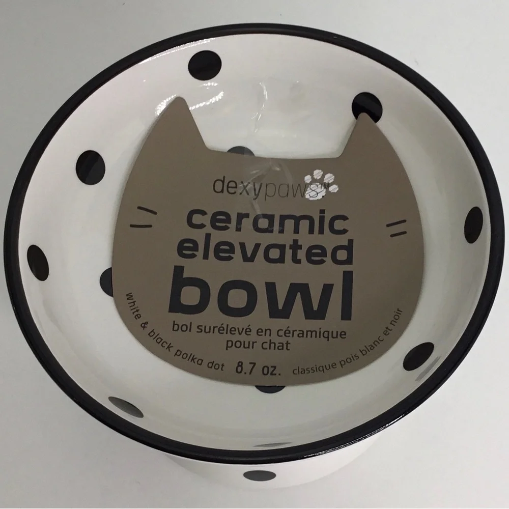 Elevated Cat Dish White & Black Ceramic Cat Bowl Raised With Dots New